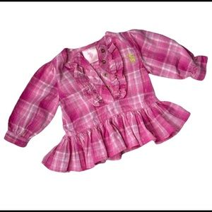 US Polo Baby Blouse Ruffles Long Sleeve Pink Plaid Size 0-3M